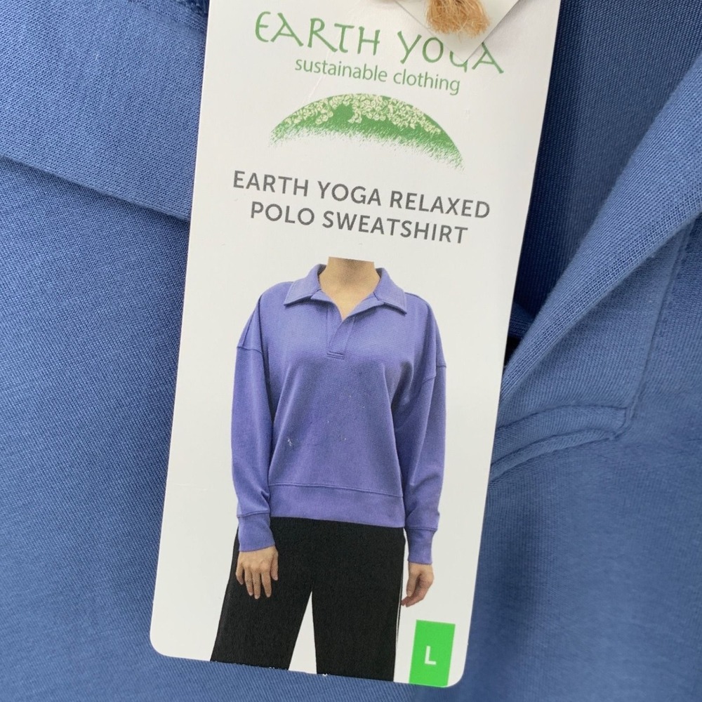Earth Yoga L Blue Polo Sweatshirt EcoVero Relaxed Sustainable NWT - Picture 5 of 8